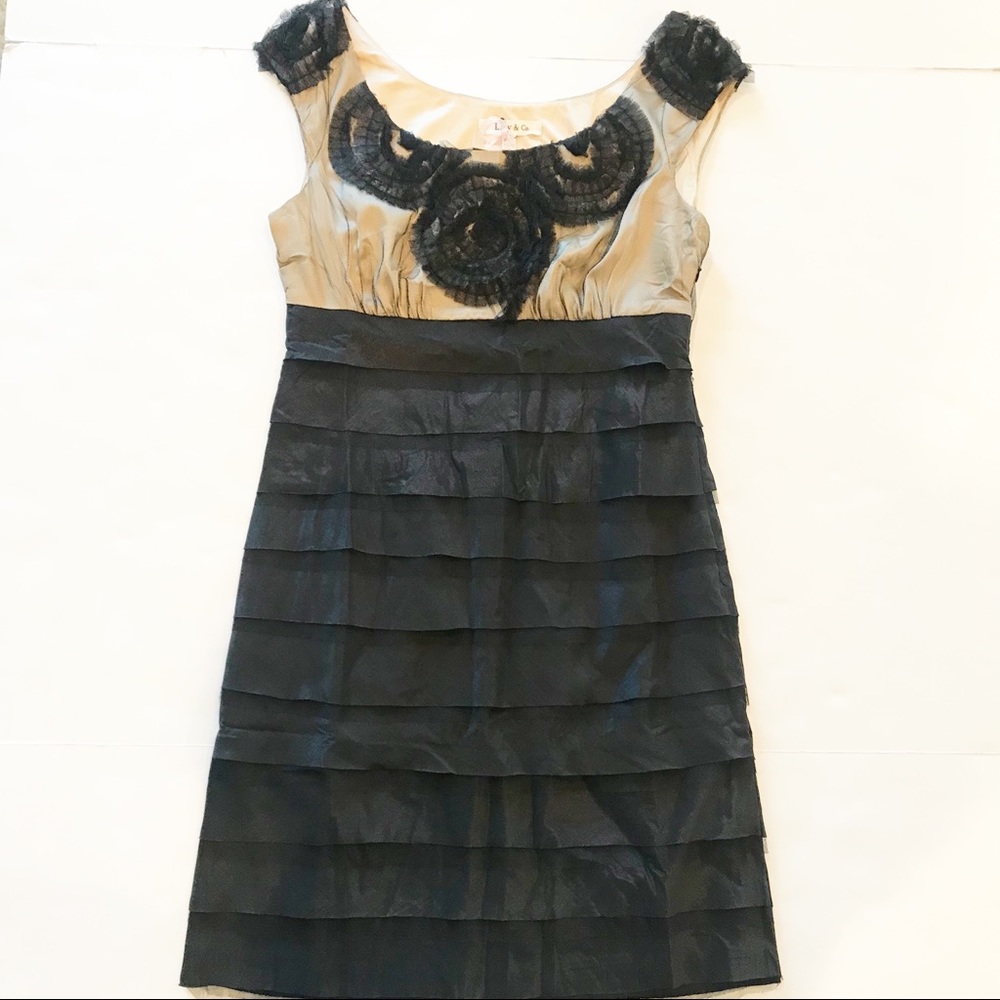 LUCY & CO. NWT Ruffled Lace Mini Dress Black Tan Womens Large Tiered